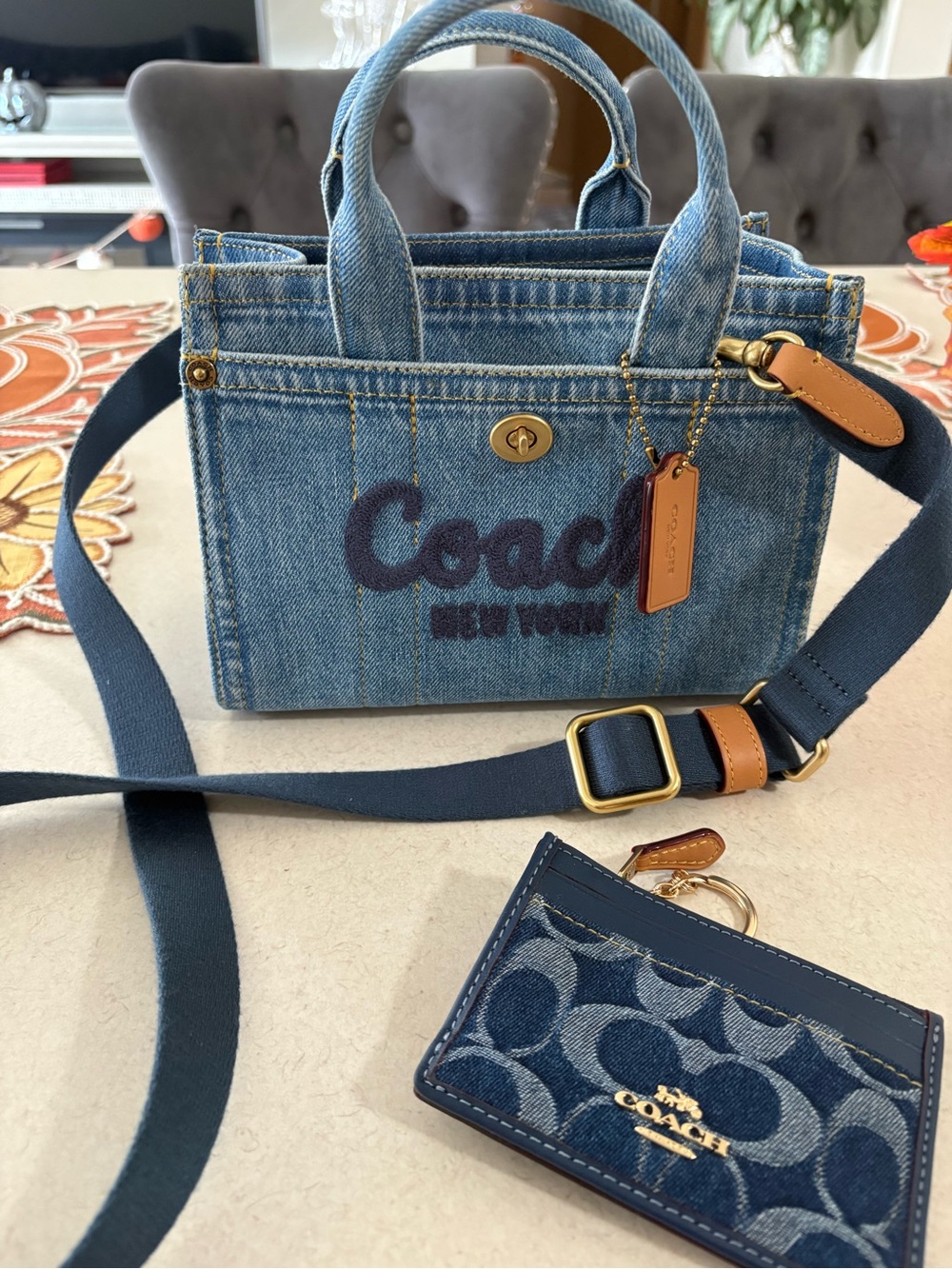 Coach Light Blue Denim Mini Tote with Navy Strap and Tan Accents